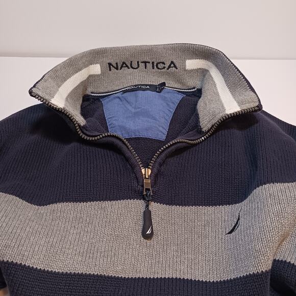 Nautica Mens Sweater XL Blue Wide Gray Stripe 1/4 Zip Long Sleeve Heavy Sweater - Picture 5 of 13